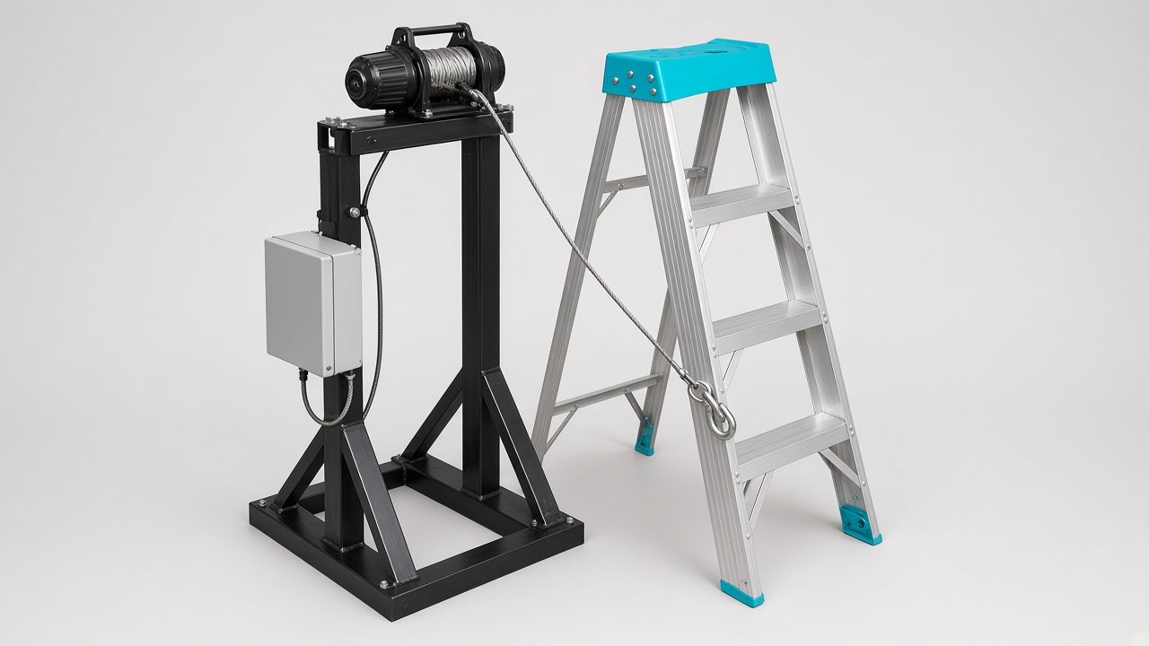 Summit A-frame ladder beside the Crest frame, with the winch and enclosure mounted on the frame.