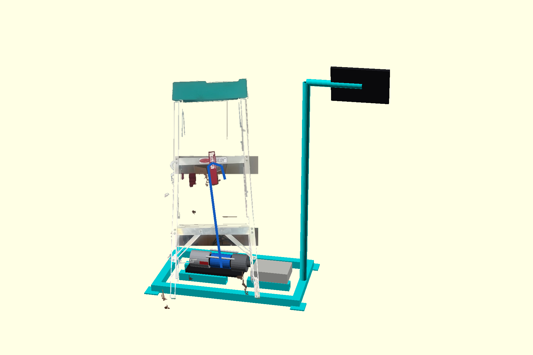 Summit A-frame over a low blue frame. The rope hooks a rung. The tablet stands to the side of the ladder.